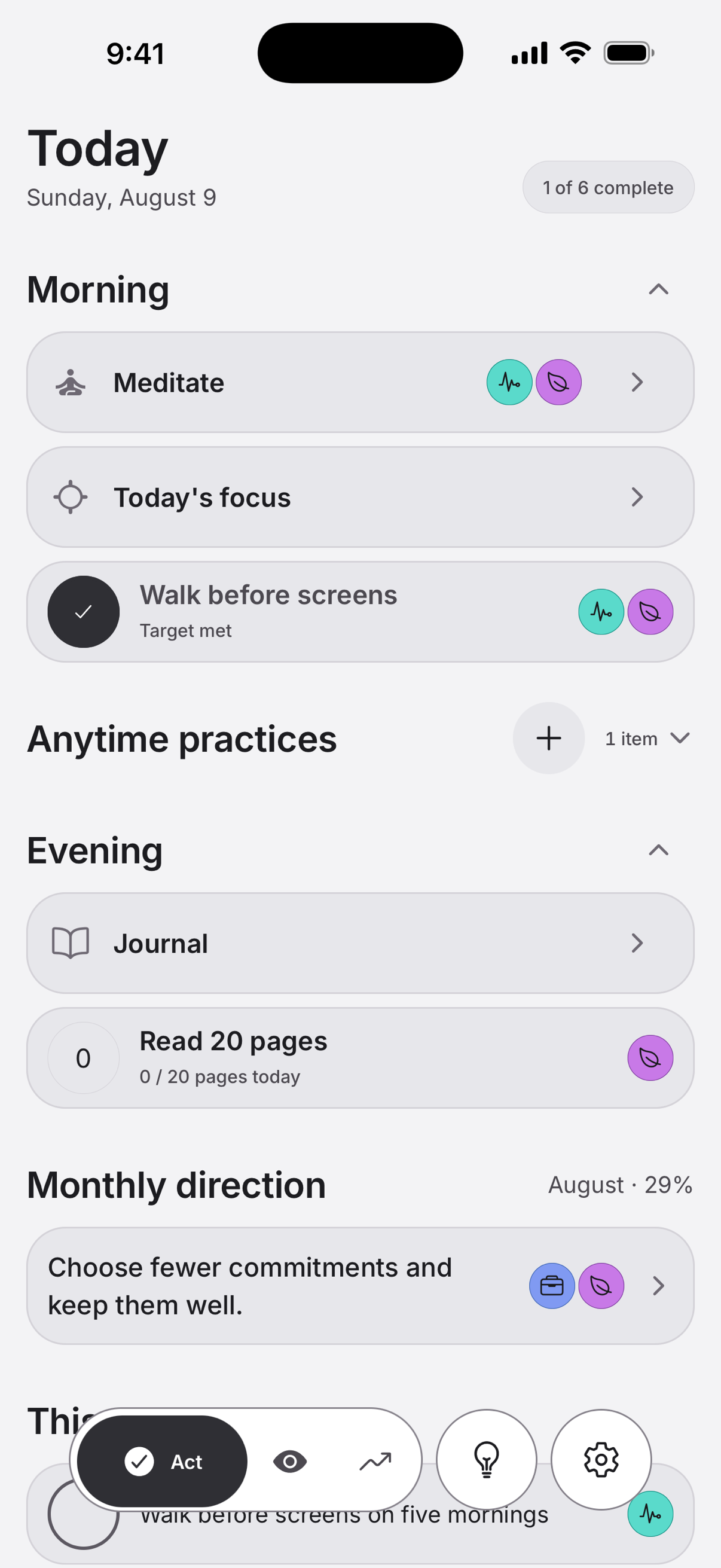 Daily Ritual Act screen showing morning, anytime, and evening practice sections