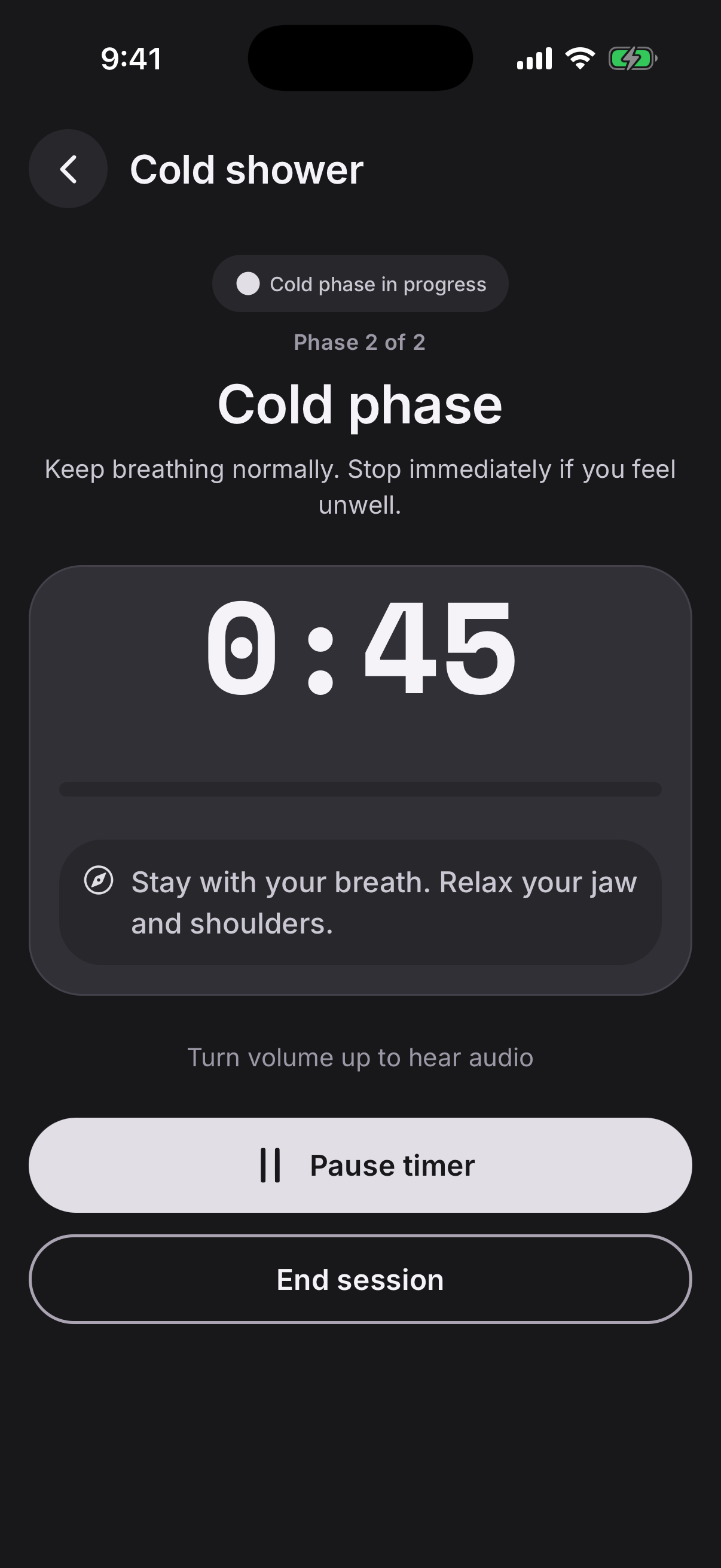 Daily Ritual cold shower session showing the cold phase countdown, breathing guidance, progress, and timer controls