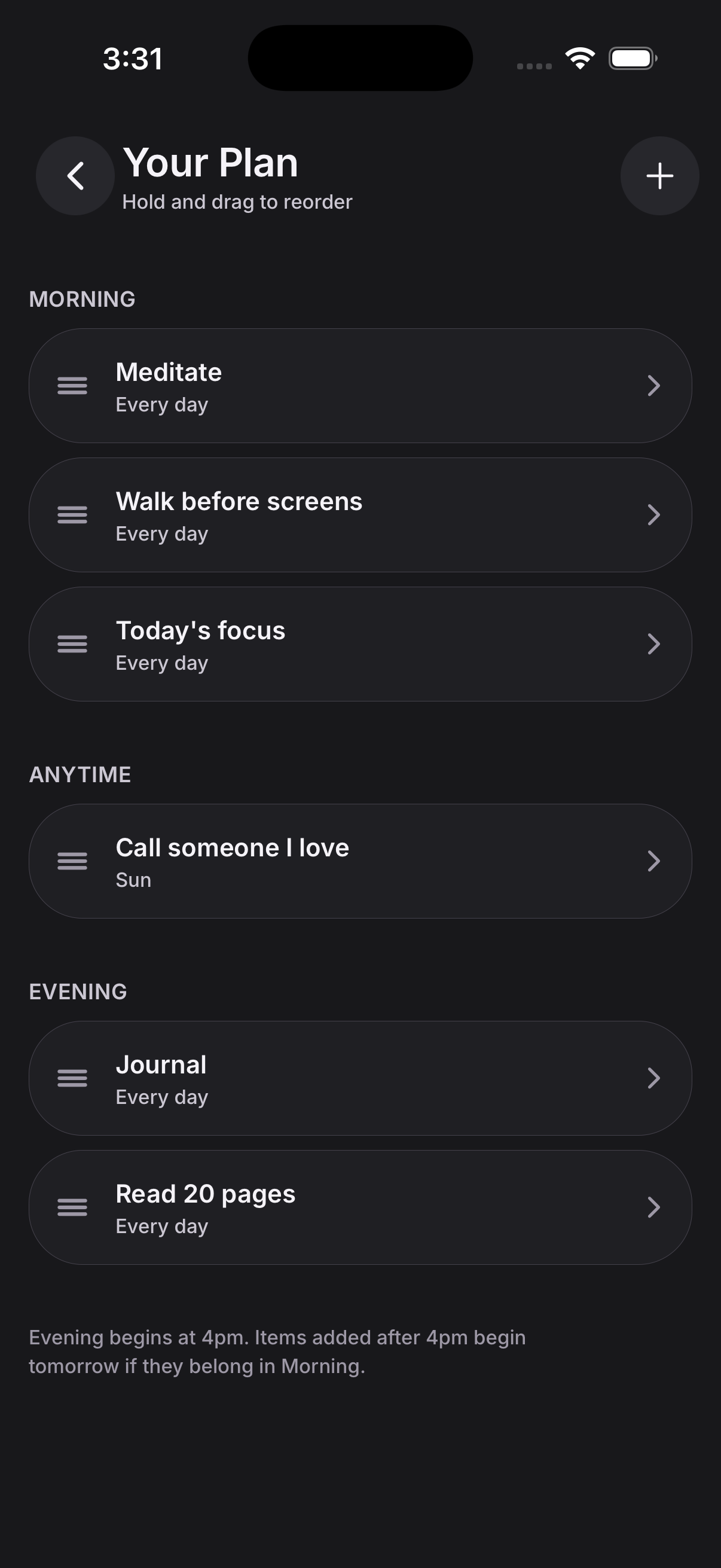 Daily Ritual Your Plan screen showing custom Practices scheduled in morning, anytime, and evening routines