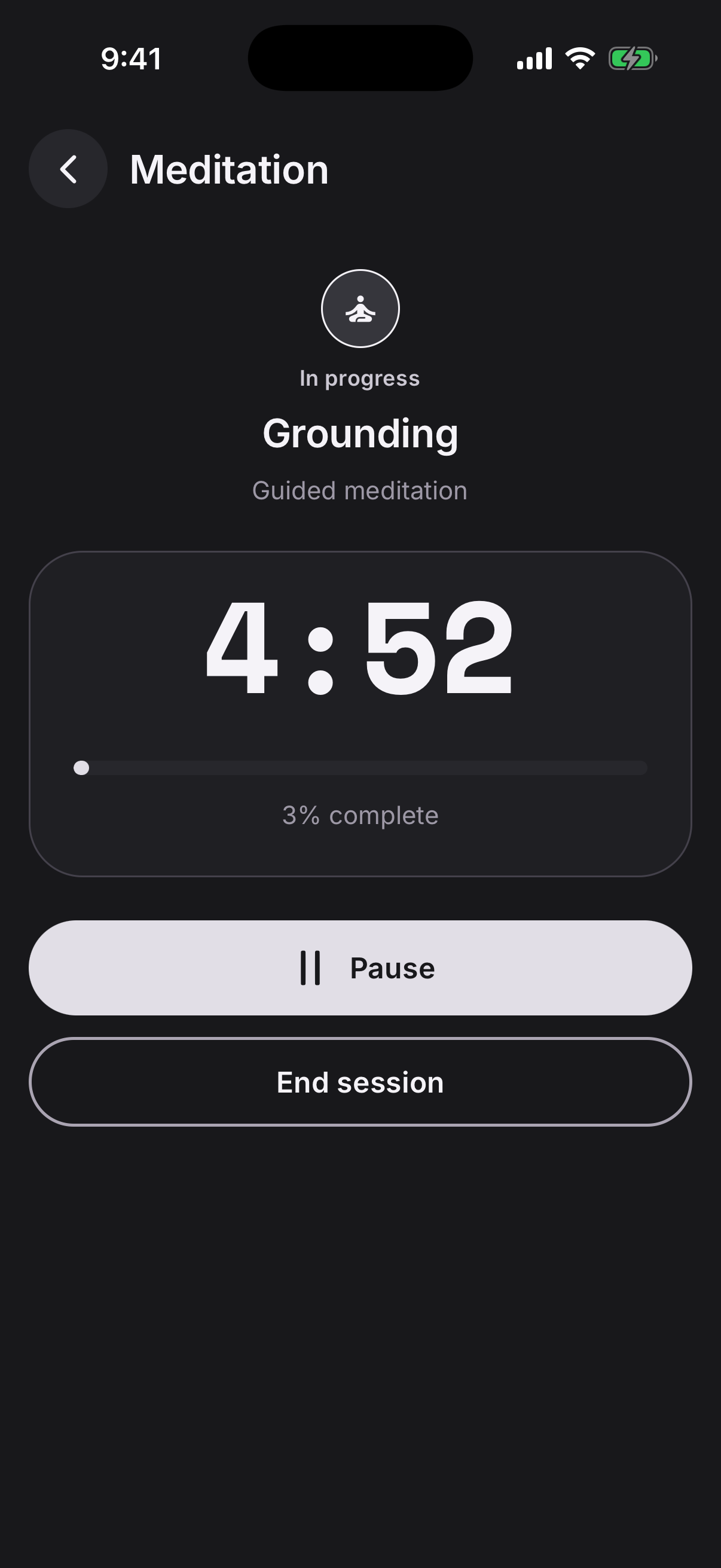 Daily Ritual guided meditation in progress showing the session timer, progress, and pause and end controls
