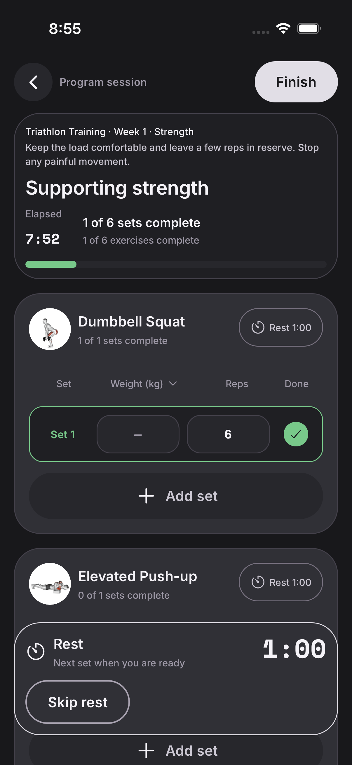 Daily Ritual active strength workout showing completed sets, exercise logging, and a rest timer